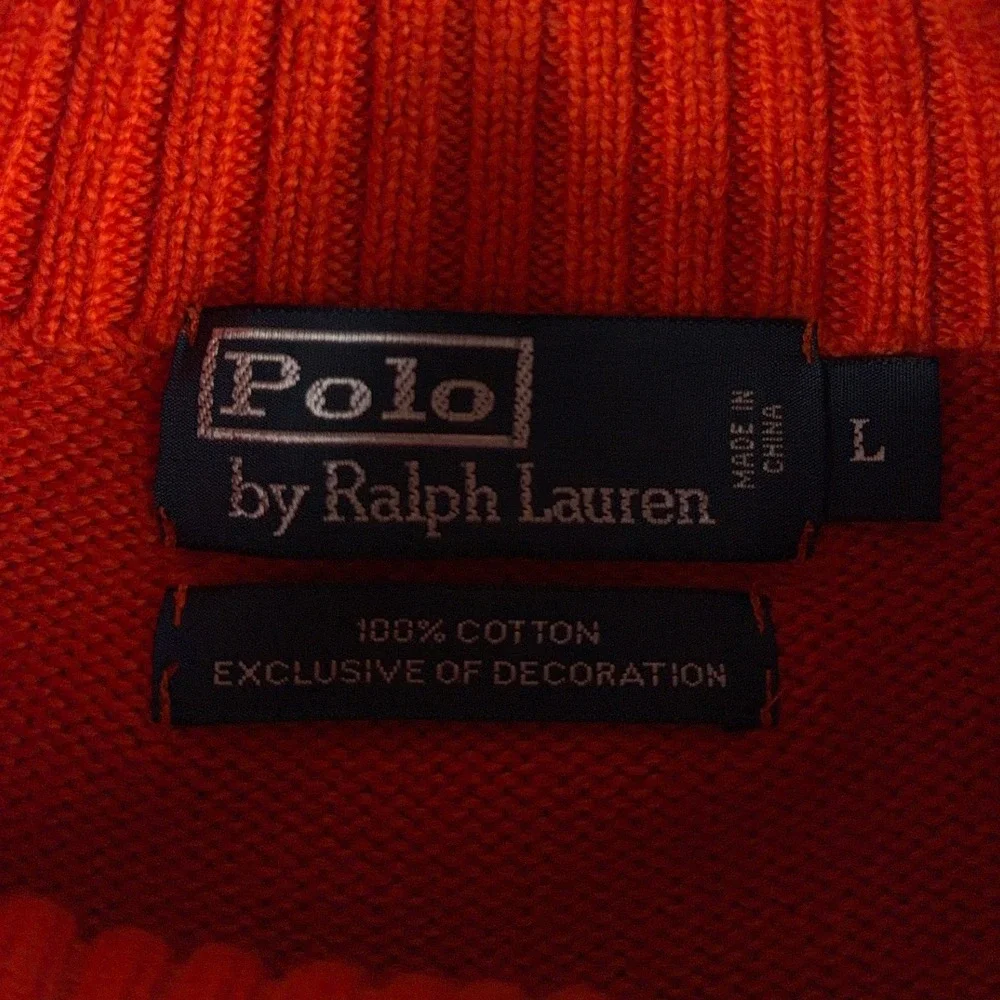 Polo Ralph‎ Lauren Quarter Zip Sweater Orange Cotton Knit Mens Large